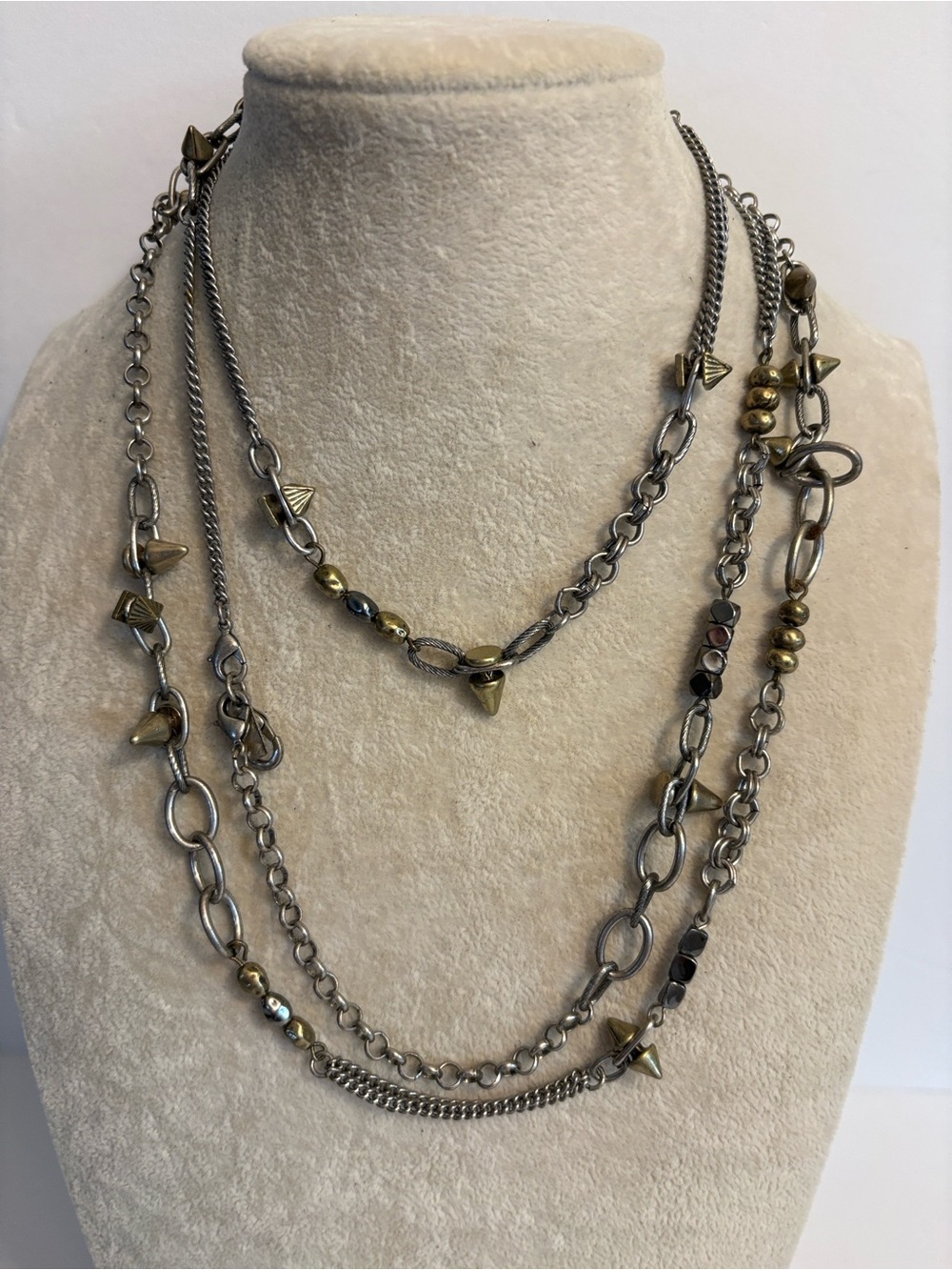 Mixed Metal Layered Chain Necklace Gold Spike Accents 54" Statement Necklace